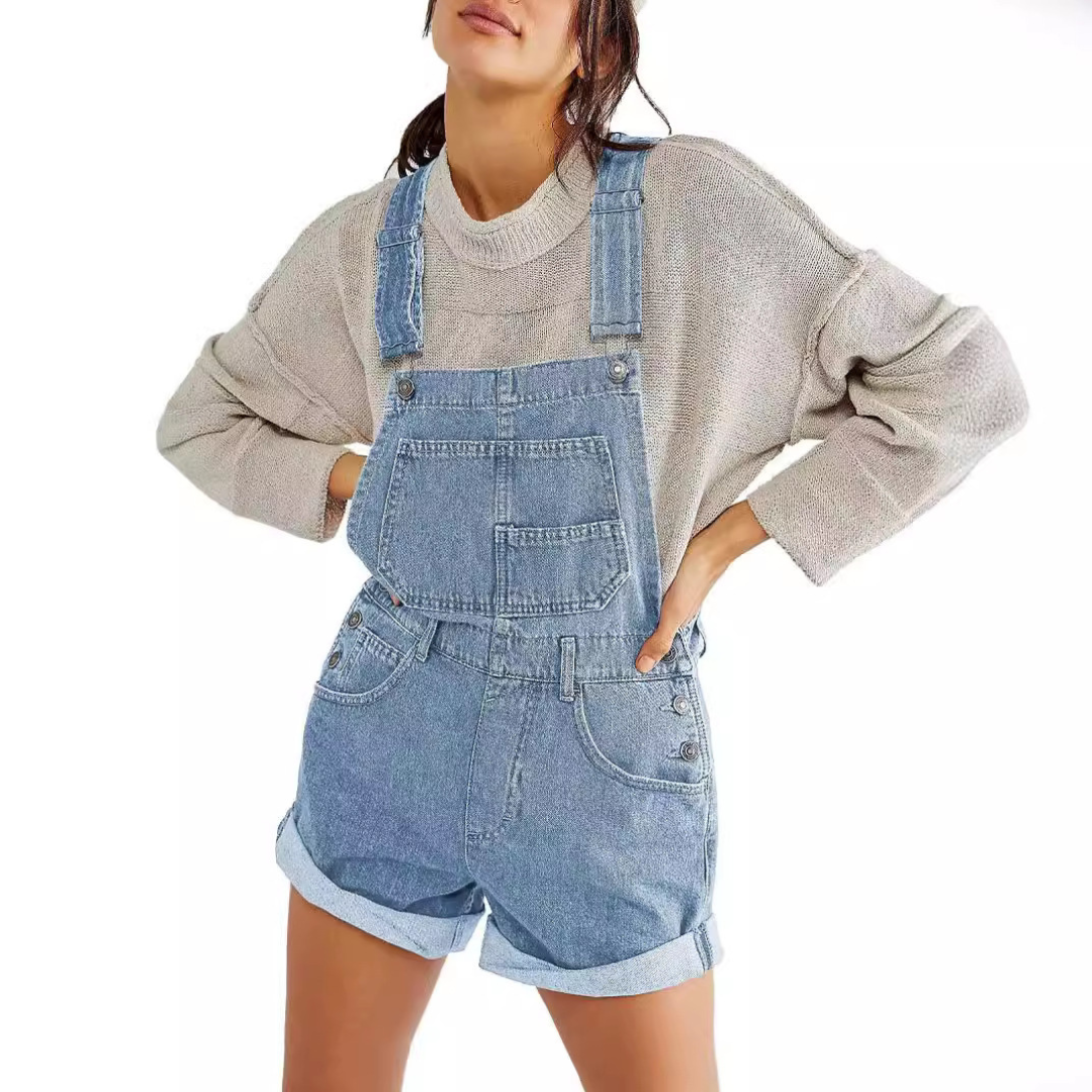 ÉLODIE™ – Vintage Adjustable Denim Overall Shorts